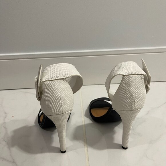 White and Black Belt Buckle Ankle Strap Heels - Picture 3 of 6